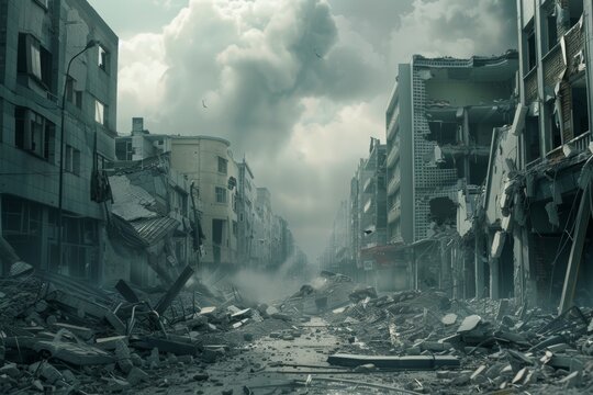Desolate, postapocalyptic cityscape featuring severely damaged and collapsed buildings under cloudy, ominous sky. rubble and debris cover streets, enhancing sense of devastation.