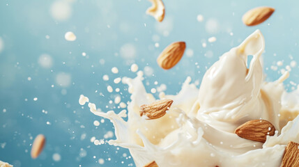 Organic Almond Milk. Almond nuts falling in almond splash, isolated on light blue background. Splash with almond nuts.