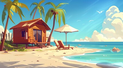 Vector illustration of beautiful scenic landscape of tropical sea beach.