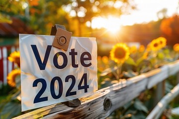 "Vote 2024" Sign on Wooden Fence with Sunflowers at Sunrise
