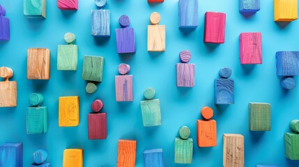 Colorful assorted wooden pieces arranged to symbolize diversity and inclusion on a vibrant blue background
