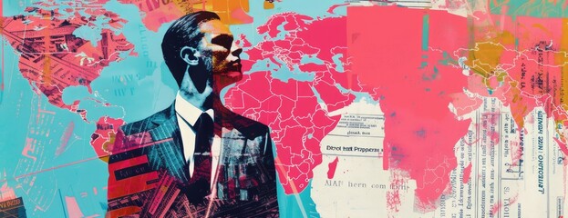 The photo shows a man standing in front of a world map. The colors of the map are bright and vibrant. The man is wearing a suit and tie and has a confident expression on his face. The photo is taken