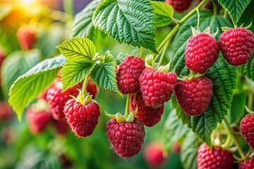 A close-up view of red raspberries and green leaves in a garden