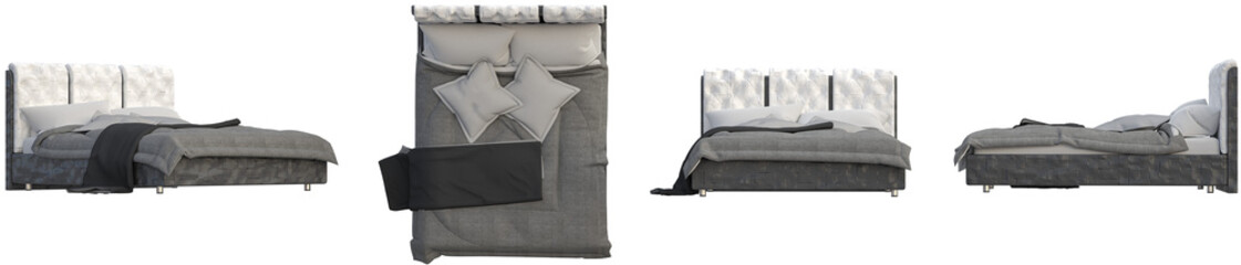 Naklejka premium Bed from various angles, 3D rendering, interior lighting mood, transparent background