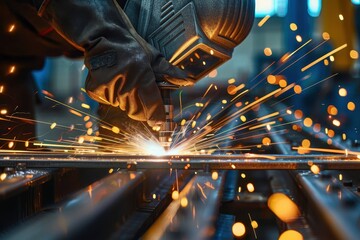 A close-up shows a welder's hands operating welding equipment, creating a shower of sparks