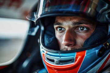 Intense focus is captured on the face of a race car driver, clad in a protective racing helmet