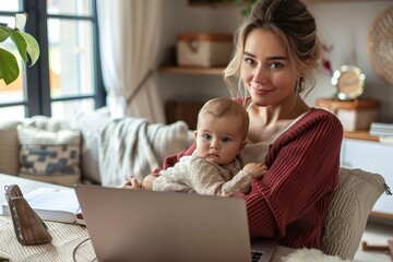 A young mother working on her laptop with her baby in her arms, depicting work-life balance