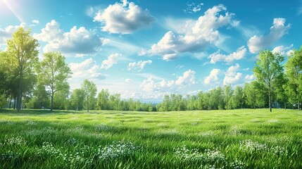 Vibrant spring nature backdrop with a pristine, neatly trimmed lawn and lush trees under a clear blue sky adorned with soft clouds on a sunny day 