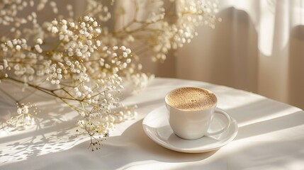 A cup of coffee with gypsophila flower on a table