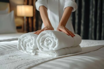 Image depicts a hotel maid arranging white bath towels into a neat roll on a clean, striped bedsheet, giving a sense of order and hygiene