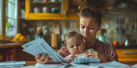 A stressed mother sat in a modern kitchen holding her baby and worrying about how to pay the latest bills