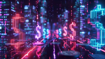 Fototapeta premium Futuristic digital financial concept with neon dollar signs and cityscape background. Virtual economy and currency representation.