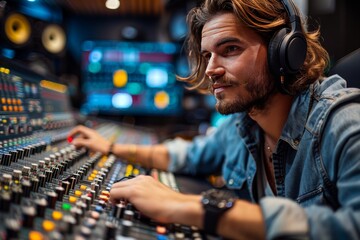 Man working in radio station studio, entertainment concept