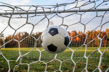 Soccer ball lodged in the net of a goal with the warm hues of sunset in the background, emphasizing the end of a match