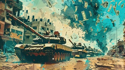 Battlefield tank actions, military gunfire. Tanks on the battlefield. Explosions and destructions caused by war. Army battle. High quality AI generated image