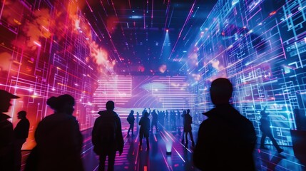 Silhouettes of people in a vibrant, futuristic digital environment with immersive neon lights and holographic displays, creating a cyberpunk aesthetic.