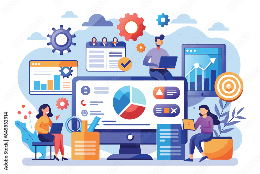 Poster an illustration depicting a team analyzing business data and reports on a computer screen displaying