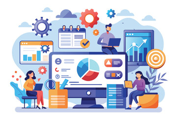 An illustration depicting a team analyzing business data and reports on a computer screen displaying a pie chart and bar graph.