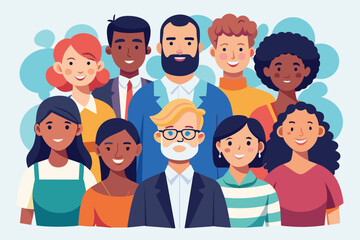 A diverse group of people of different ages, genders, and races are smiling and looking at the camera.