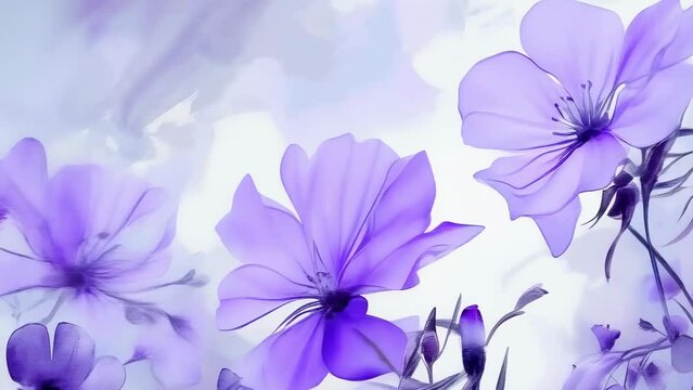 A beautiful arrangement of delicate purple flowers surrounds the soft white background. The image has an elegant feel with light petals and subtle green leaves. Perfect for spring themes.