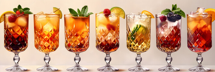 An array of vintage crystal cocktails in a 3D cartoon style.