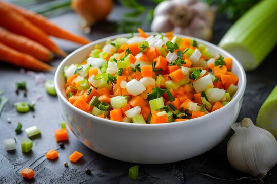 Raw vegetable mixture in white bowl base for various dishes French and German styles