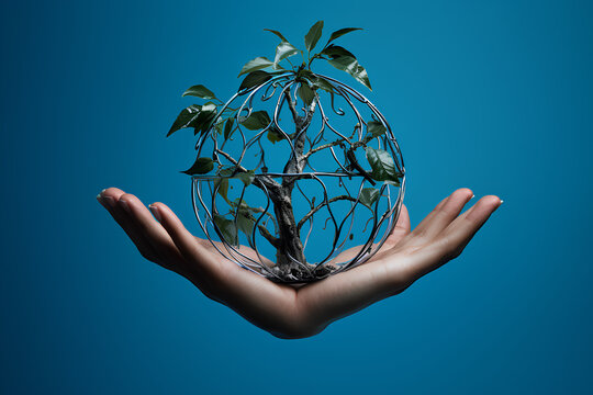 hand made with tmt bars + leaves holding earth blue background clean isolated