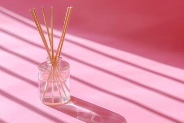 Reed air freshener with a shadow on pink background Aesthetic and minimalistic aromatherapy