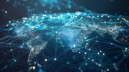 Global Network Connection Visualization - A 3D visualization of the world map with interconnected lines representing global communication and networks.