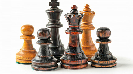 Fototapeta premium wide detailed closeup background banner photo of wooden chess pieces set with white copy space 