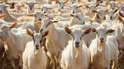 Fototapeta premium A Herd of White Goats in the Field - A close-up shot of a herd of white goats in a field. The goats are in focus, and their fur is fluffy and white, while the background is blurry.