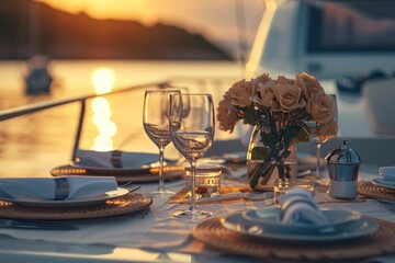 Romantic sunset lunch on a luxury yacht