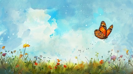 Artistic watercolor painting drawing of beautiful butterfly flying over flower fields