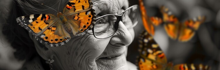 an elderly woman happy with butterfly wings and butterflies
