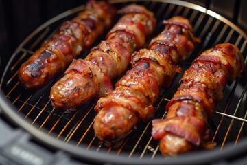 Sausage wrapped in bacon cooked in electric fryer