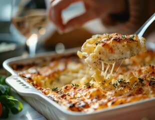Selective focus on fresh cooked gratin French macaroni dish with parmesan cheese being served on table and scooped with a spoon by people