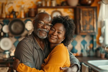 Fototapeta premium Homely Harmony Portrait of a Loving Mature Afro-American Couple in Their Kitchen