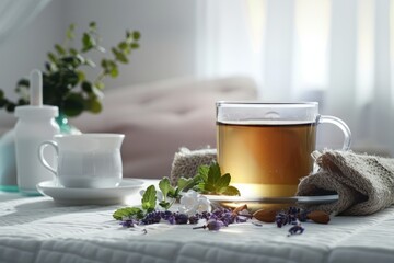 Obraz premium Cozy herbal tea scene with fresh herbs and flowers