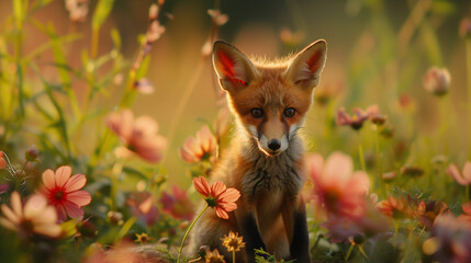 Young fox sitting among flowers in meadow