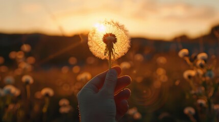 Close-up of a human hand holding a dandelion seed head, foreground