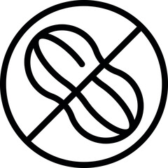 Simple black and white icon of a peanut inside a circle with a diagonal line through it