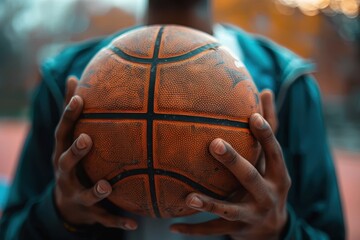 Fototapeta premium The image features a basketball player from behind, tightly grasping a textured basketball