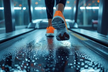 This image highlights the motion of running in moisture-wicking sneakers on a treadmill with water droplets