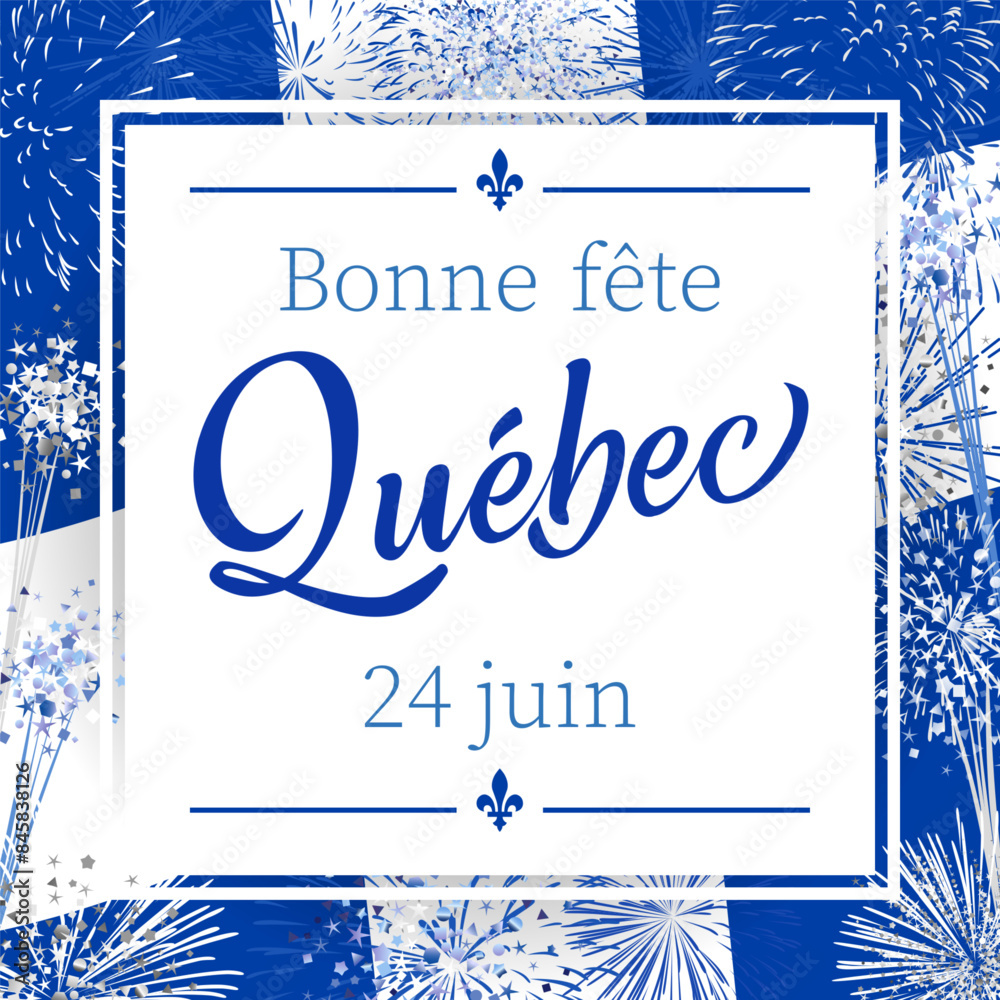 Wall mural happy quebec day square greeting card. translation is - happy holidays quebec. festive blue backgrou