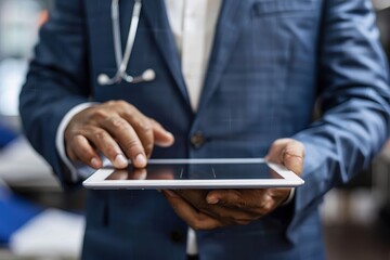 A professional medical practitioner is using a tablet during a consultation or administrative task