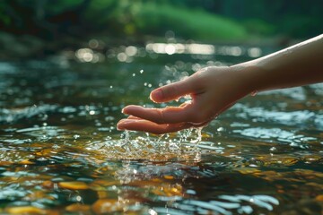 Tranquil scene of a human hand interacting with the clear water of a flowing river, showing a sense of connection with nature