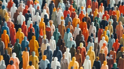 Fototapeta premium Vibrant crowd of diverse people in paper craft origami style representing overpopulation and demographic diversity