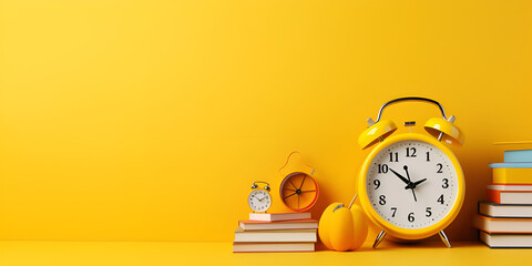 alarm clock and book, Orange alarm clock on yellow background top view
