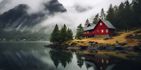 Fototapeta premium church in the mountains, Norwegian Culture Cottage Generative AI, Little red house in the woods near the lake Lone house in the forest AI