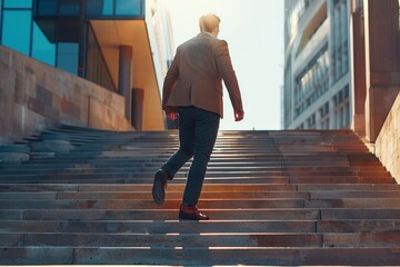 A confident businessman in a suit ascends outdoor steps in a city, showcasing ambition and progress